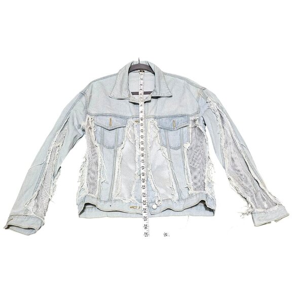 Distressed Light Wash Denim Jacket With Mesh Inserts Frayed Detailing & Button C - Picture 11 of 12